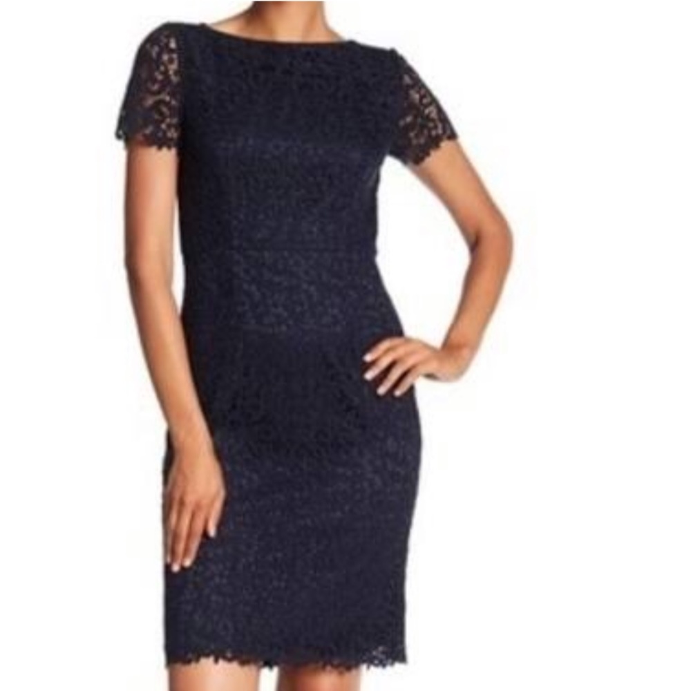 Lafayette 148 New York Navy Lace Short-Sleeve Midi Dress